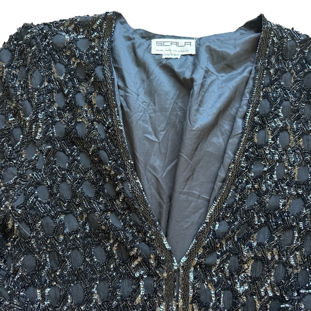 Vintage Scala Black Beaded Sequin Evening Jacket Art Deco Glam Cocktail Party L - Picture 6 of 9